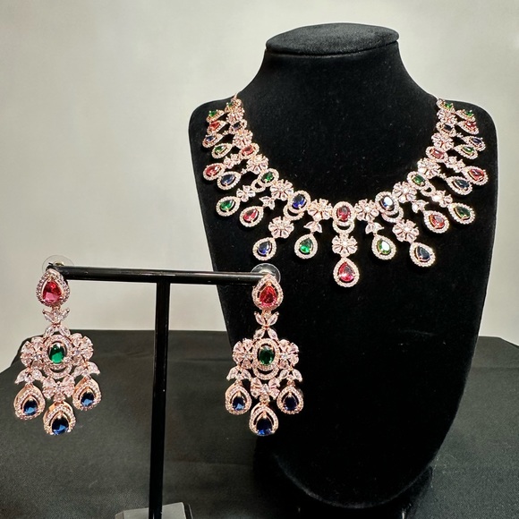 Beautiful multi color American Diamond necklace set - Picture 2 of 3